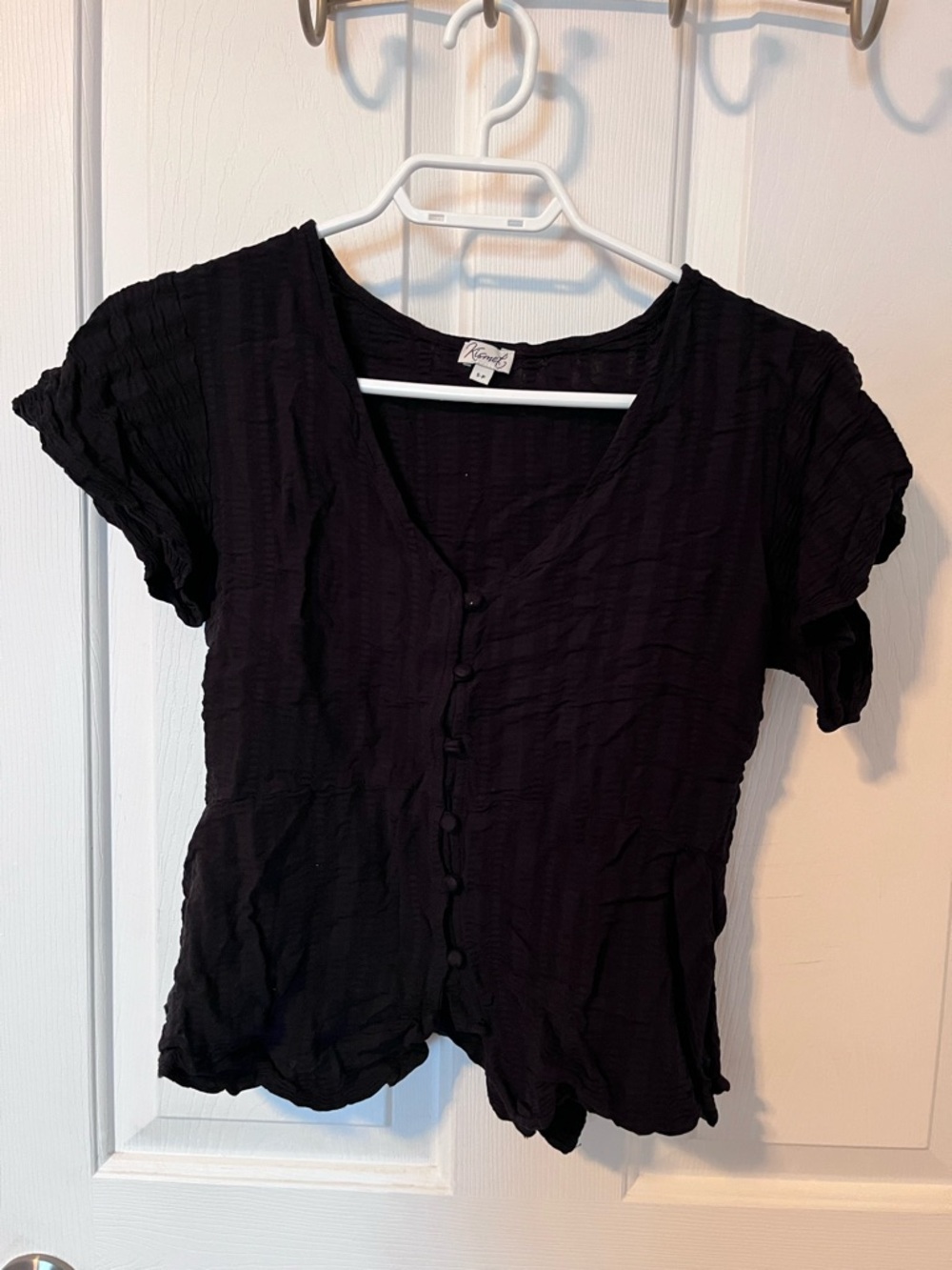 Black Short-Sleeve Ruffled Button Front Top